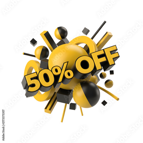 3D 50 Percent Off Sale Banner with Yellow and Black Geometric Shapes