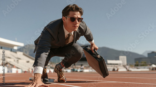 Homme d'affaires en position de départ sur une piste d'athlétisme avec une mallette