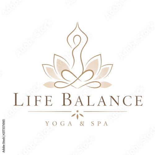 Calming and serene yoga and spa logo featuring a graceful lotus flower design and a meditating figure, conveying peace and wellness.