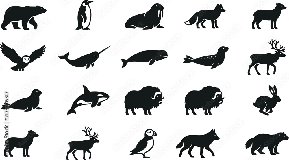 Fototapeta premium Arctic polar wild animals black silhouette icons collection set including polar bear penguin walrus narwhal seal reindeer vector