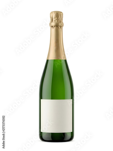 Green glass champagne bottle with blank label isolated on white background
