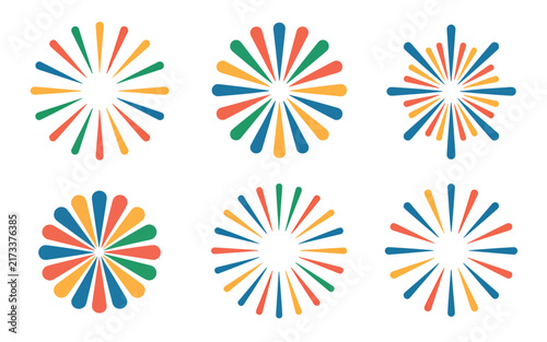 Vibrant colorful abstract shapes arrangement isolated on clean white background, modern geometric creative composition design element for corporate branding, marketing, web.