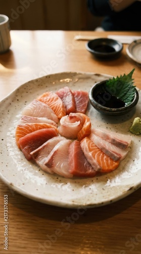 Mixed sashimi arranged in a circular pattern on ceramic plate with shiso leaf and soy sauce