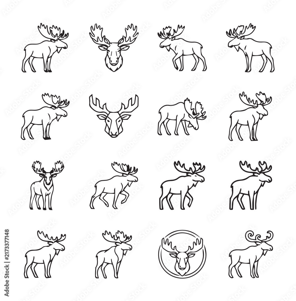 Obraz premium Moose icons in clean line drawing style for nature and wildlife branding during winter