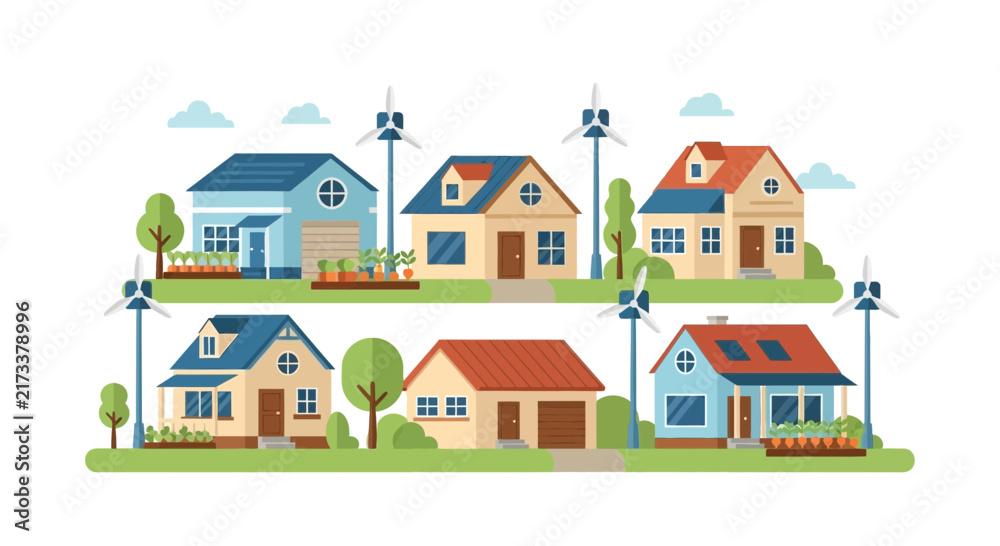 Naklejka premium Sustainable Eco-Friendly Neighborhood with Modern Houses Wind Turbines and Organic Gardens - Green Energy Community Concept Flat Vector Illustration