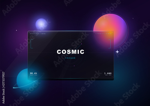 Cosmic Voyage Sci-Fi Web Interface Overlay Template with Neon Orbiting Planets and Space Exploration HUD Elements on Dark Galaxy Background