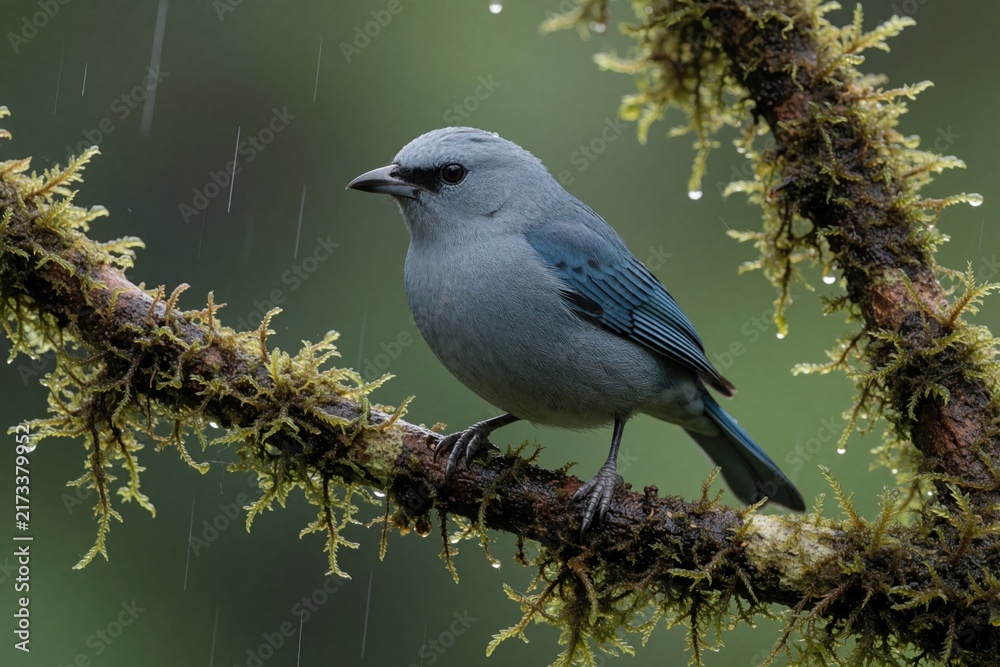 Naklejka premium Blue grey bird sits on mossy branch in heavy rain. Avian fauna in its natural habitat during a downpour, feathers wet. Small songbird waits patiently in lush green forest.