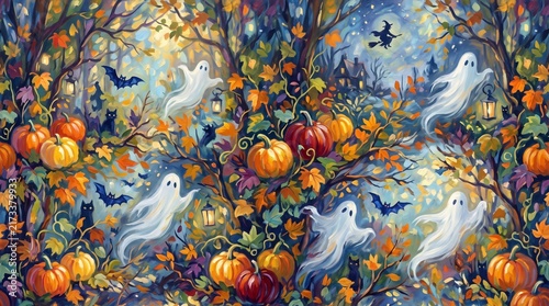 Seamless halloween pattern with pumpkins, ghosts, bats, and spiders	