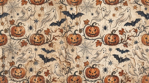 Seamless halloween pattern with pumpkins, ghosts, bats, and spiders	