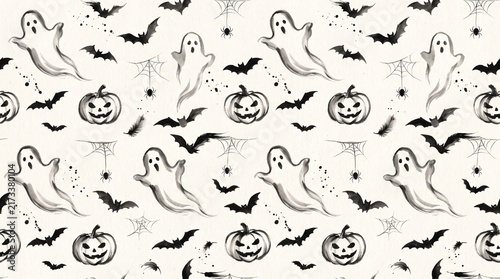 Seamless halloween pattern with pumpkins, ghosts, bats, and spiders	