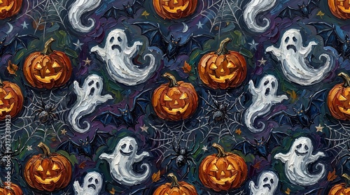 Seamless halloween pattern with pumpkins, ghosts, bats, and spiders	