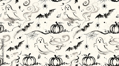 Seamless halloween pattern with pumpkins, ghosts, bats, and spiders	