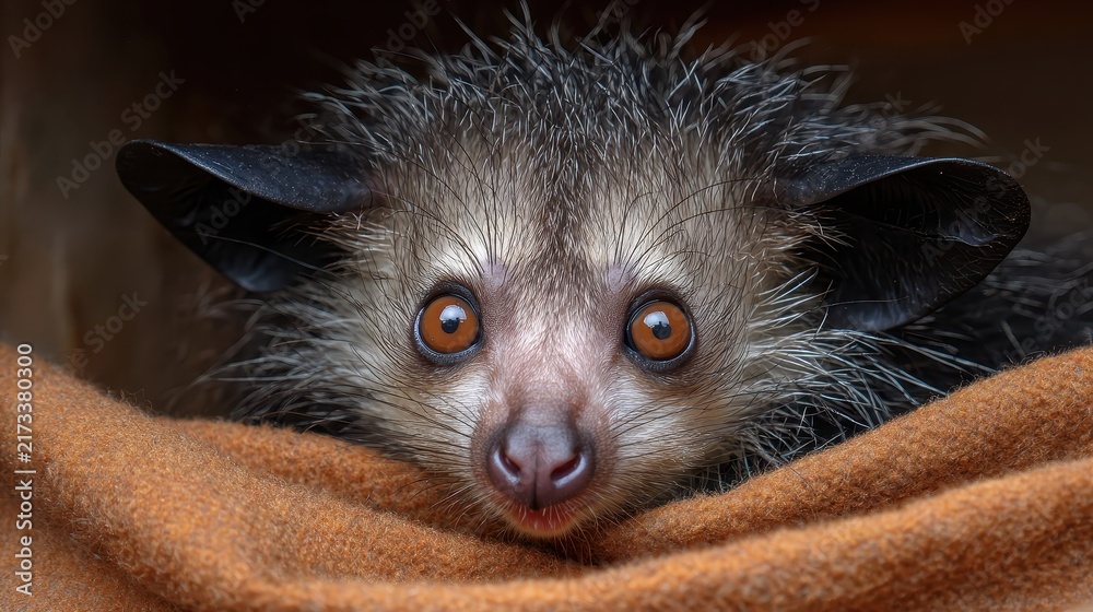 Naklejka premium An adorable aye-aye peeks out from its cozy brown blanket, its big amber eyes capturing the viewer's attention in this wildlife moment. This rare lemur exudes curiosity