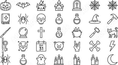 Set of Halloween outline icons featuring spooky line art symbols, skull, pumpkin, and ghost