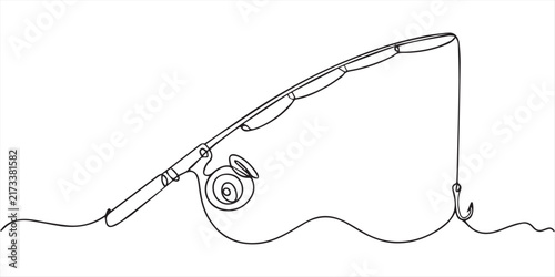 Minimalist Continuous One Line Drawing of a Fishing Rod with Reel and Hook. 
