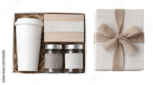 Eco friendly gift box with takeaway coffee cup kraft soap and glass jars wrapped in burlap ribbon