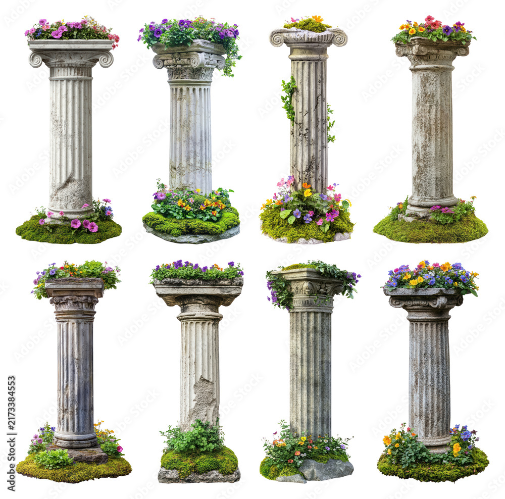 Obraz premium PNG Ancient columns adorned with flowers on transparent background