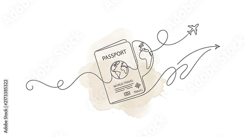 Minimalist line art illustration of a passport with airplane travel path and globe icon