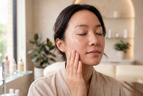 Radiant Asian woman practicing mindful facial self-care routine with gentle touch for hydrated glowing skin in a serene spa atmosphere
