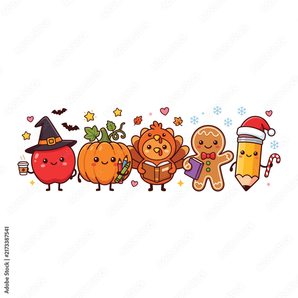 Fototapeta premium Cute Thanksgiving and Christmas Character Collection with Pumpkin, Turkey, Gingerbread and Pencil