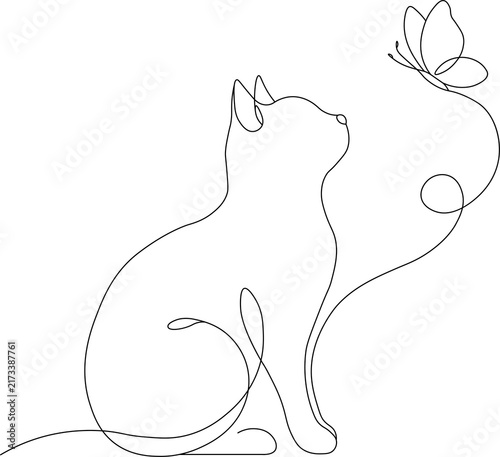 Continuous line drawing of a cat looking at a butterfly. Simple elegant contour sketch of feline and insect.
