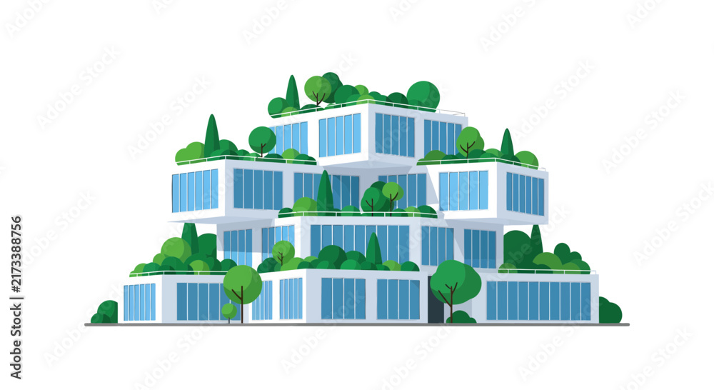 Fototapeta premium Modern Sustainable Architecture Illustration with Modular Glass Buildings and Lush Green Rooftop Gardens on White Background