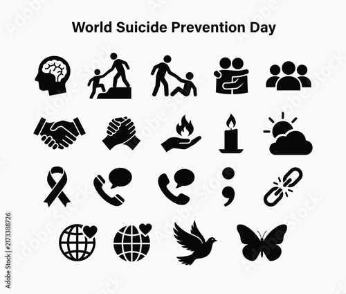 Foto World suicide prevention day icon set with mental health support helping hands semicolon ribbon and hope symbols on white background