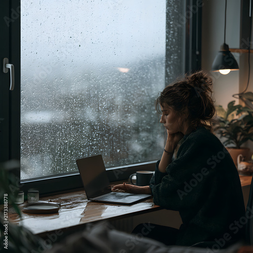 Cozy Indoor Scene with Young Woman Working on Laptop Near Window with Raindrops on Glass
