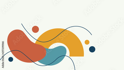 Modern abstract graphic featuring fluid organic shapes, a semi-circle, and thin curved lines in warm orange, blue, and yellow tones on a clean light background surface.