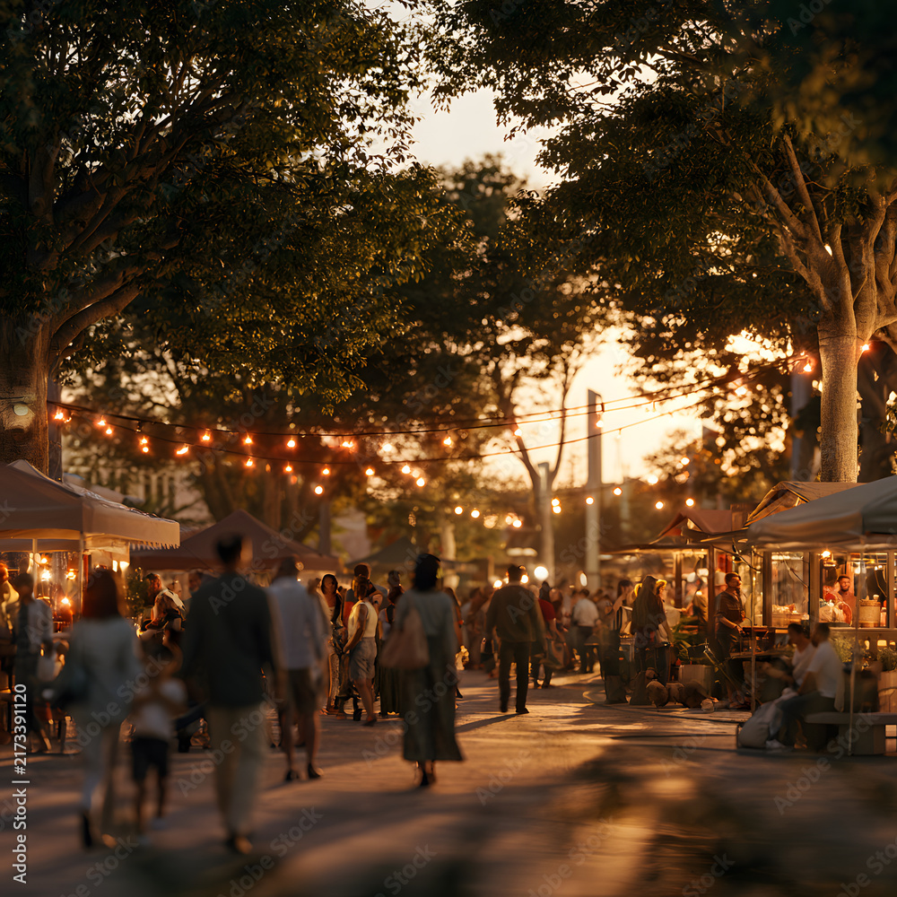 Fototapeta premium Vibrant Evening Market Scene with People, Stalls, and Warm Lights Under a Twilight Sky