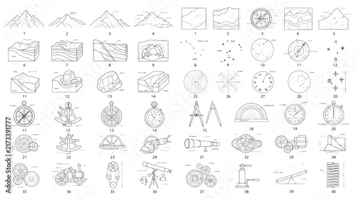 Foto Detailed technical drawings of geographical maps constellations and scientific i