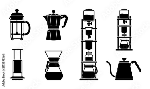 Foto Coffee Brewing Equipment Icons, Pour Over, French Press, Moka Pot, Aeropress, Dr