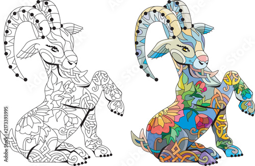 Goat. Hand drawn decorative vector illustration for coloring