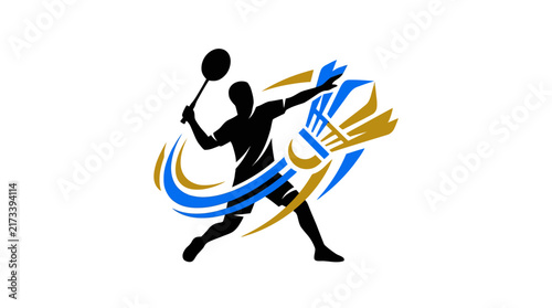 Abstract Badminton Player Smash Logo with Dynamic Shuttlecock and Motion Trails Illustration