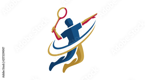 Minimalist abstract badminton smash emblem featuring a dynamic athlete jumping and swinging a racket with curved swooshes
