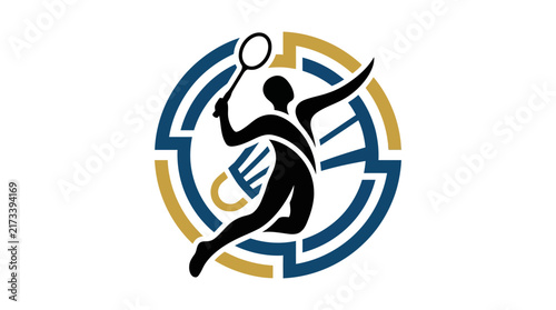 Abstract logo design featuring a dynamic badminton athlete jumping with a racket and shuttlecock in a modern circular geometric frame
