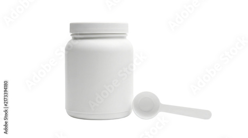White plastic protein powder jar and measuring scoop. Blank container mockup for sports nutrition and dietary supplements. Studio shot isolated on a clean white background for packaging design