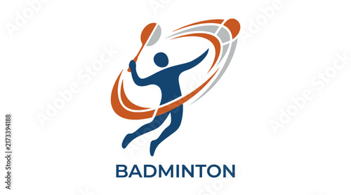 Badminton player in action with shuttlecock and racket, graphic logo design