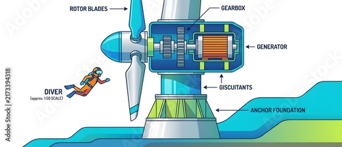 Cross‑Section View of an Offshore Wind Turbine with Diver for Scale: Rotor Blades, Gearbox, Generator, and Anchor Foundation