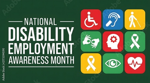 National disability employment awareness month illustration with icons representing inclusivity and support for people with disabilities in the workplace