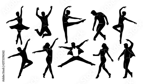 Happy male and female dancers modern dance class silhouette icons black and white vector illustration