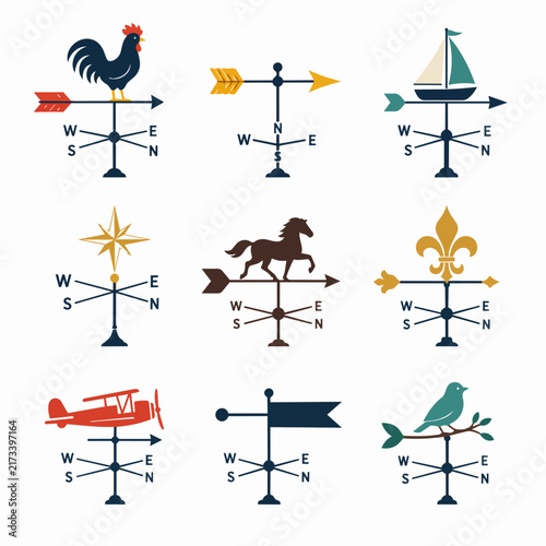 Nine colorful flat vector illustrations of traditional weathervane designs are displayed.
