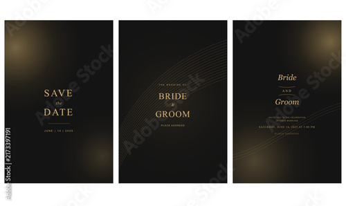 Wedding Invitation Vector Card Set with Gold Gradient Light on Dark Black Background