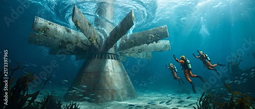 Underwater Tidal Turbine with Divers Conducting Inspection: Massive Metal Structure with Large Blades, Marine Growth, and Schools of Fish in Deep Blue Ocean