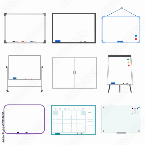 Flat vector set of office whiteboards, flipcharts, and presentation boards on white.