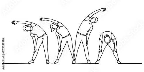 фотографія Continuous line drawing of group exercising in fitness class showing people stretching bodies to maintain healthy lifestyle for sport wellness activities