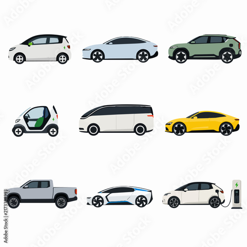 Flat vector illustration of various electric vehicles and modern cars on white background.