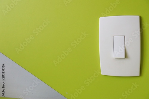 White light switch plate mounted on a green wall. Home electrical fixture and energy control.