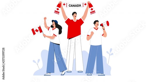 Animated patriotic vector illustration showing people celebrating with Canadian flags, a CANADA banner and a megaphone. Energetic character movements create a festive national celebration scene