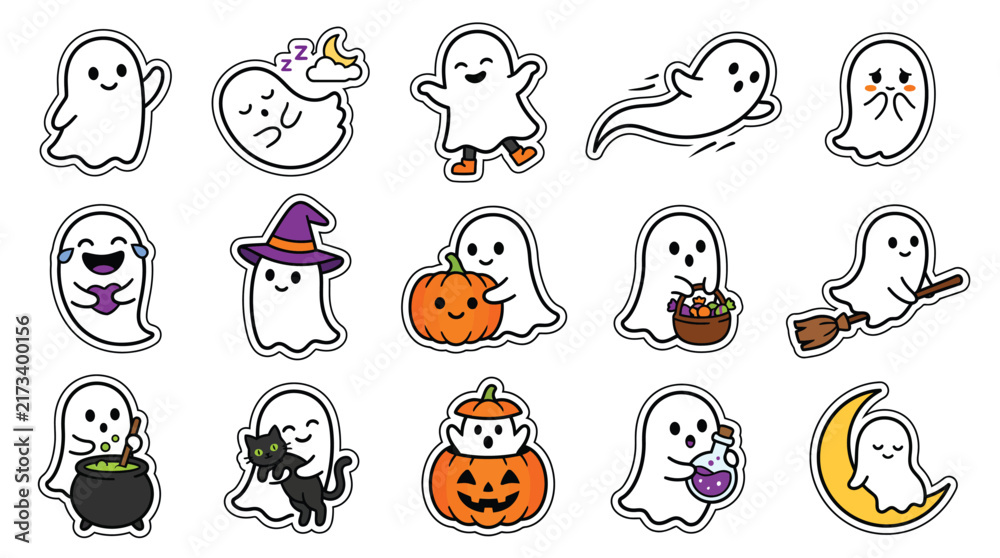 Fototapeta premium Set of cute hand drawn ghost characters for halloween stickers and festive holiday party decorations